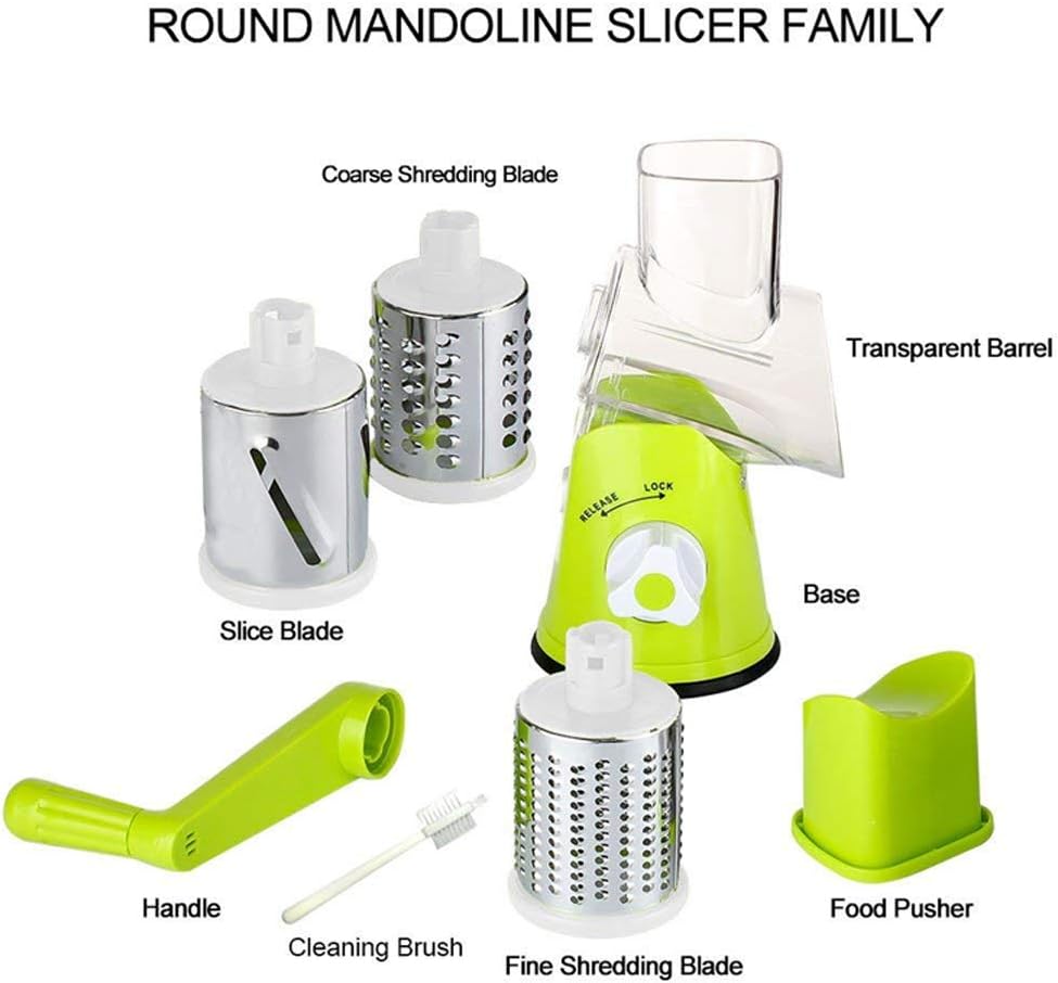 Multi-function vegetable cutter Hand drum rotary shaper, with 3 stainless steel blades, very suitable for potato grater, vegetable slicer, cheese grinder(green)