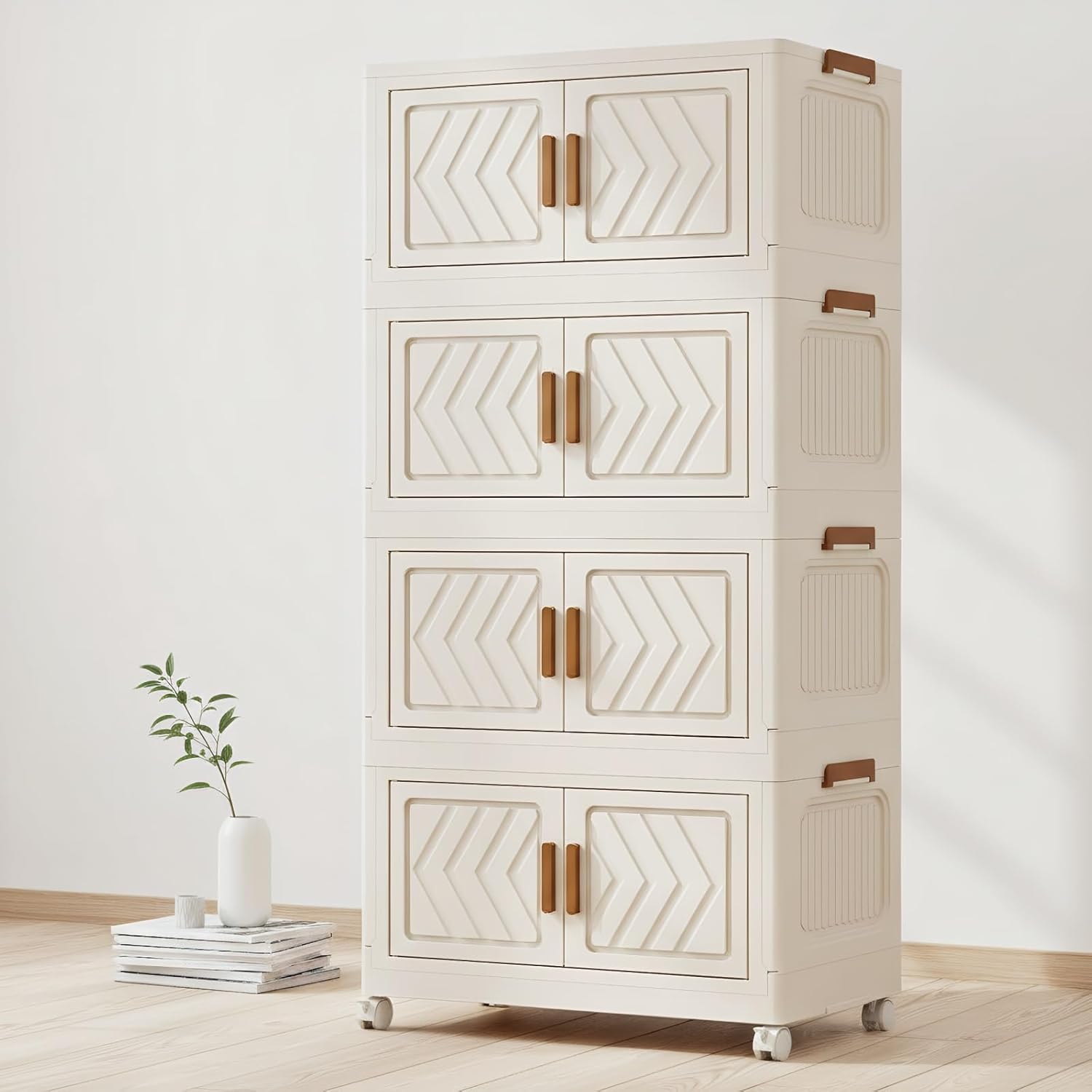 4-Tier Stackable Storage Bins with Lids 94QT Plastic Large Collapsible Storage Containers with Wheels and Magnetic Doors Foldable Closet Organizers for Bedroom Dorm Garage Home Office, White