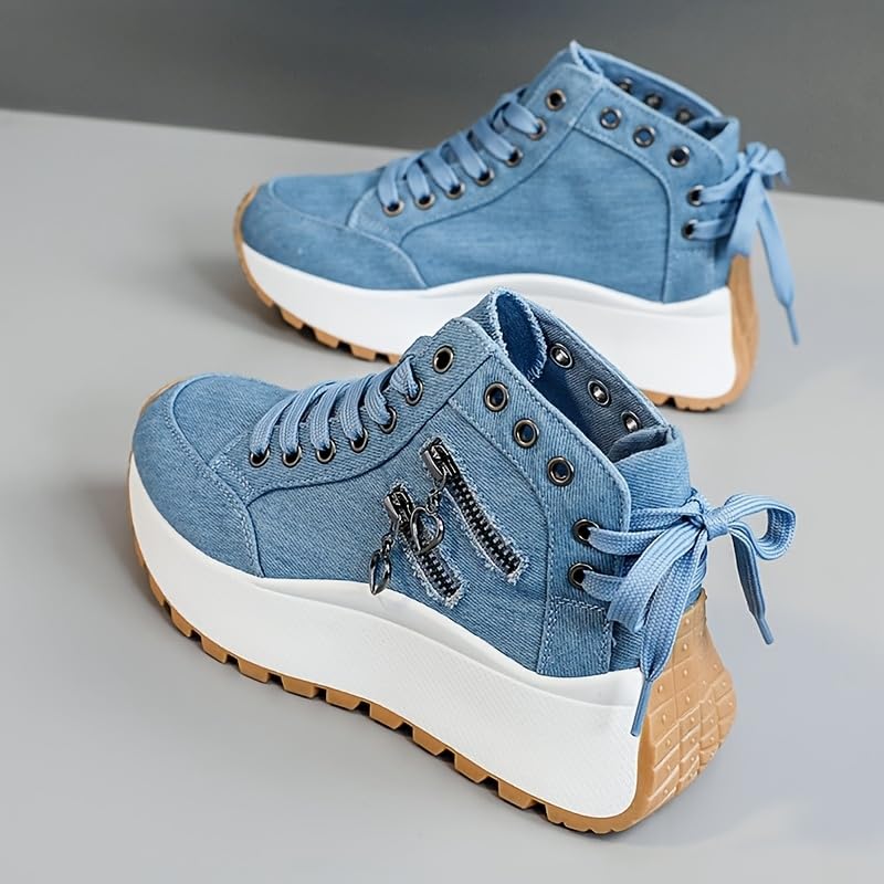 Women's Casual High-Top Sneakers - Round Toe Lace-Up Shoes with Side Zipper, Breathable Fabric Upper for All-Day Comfort Wear2