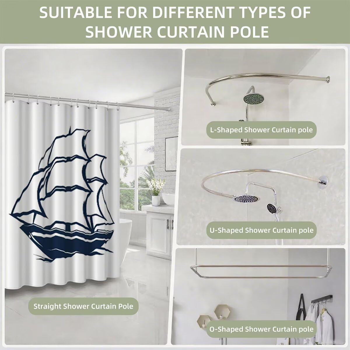 Weiß Duschvorhang 240x200 cm, Duschrollo mit 12 Duschvorhang Haken, Boot Shower Curtains Beschwerter Saum, Waschbar Polyester Stoff Wasserdicht Extra Lang für Bathroom, Badewanne Badezimmer Deko -2849