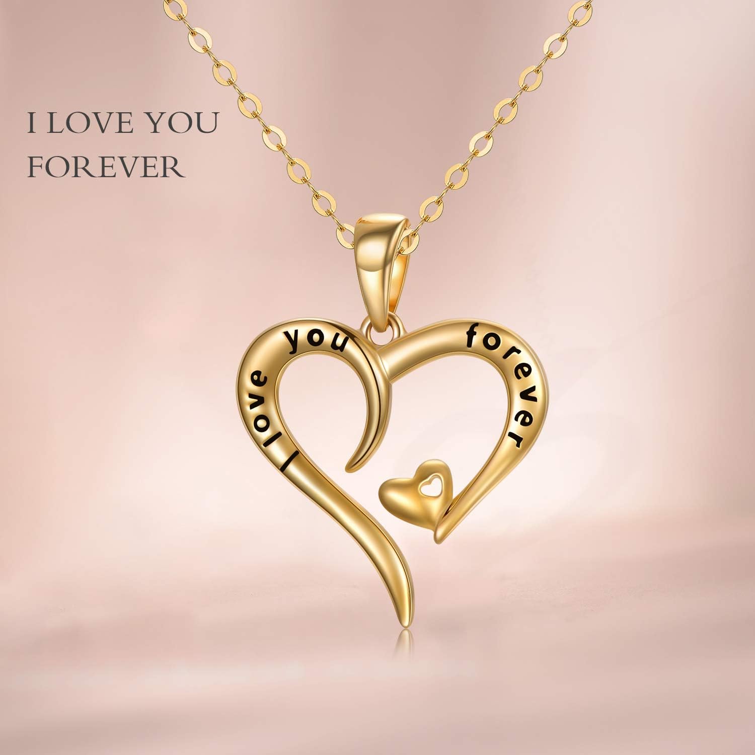14k Gold"I love You Forever" Heart Necklace for Women, Real Gold Love Jewelry for Her, 16+1+1 Inch - Image 6