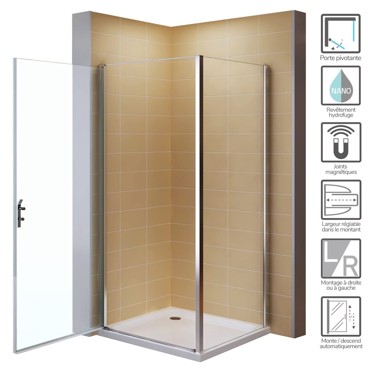 Cabine De Douche Angulaire 80x60 – Porte Pivotante Verre Transparent – Idralite Flip