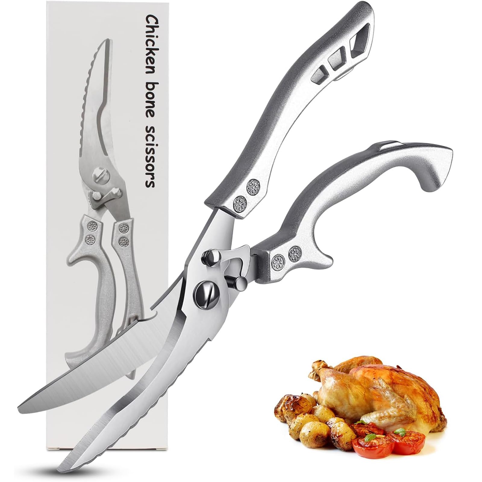 Tijeras para Aves Profesionales de Acero Inoxidable - Cuchilla Dentada, Tijeras de Cocina para Cortar Pollo, Carne con Huesos, Verduras y Pescado