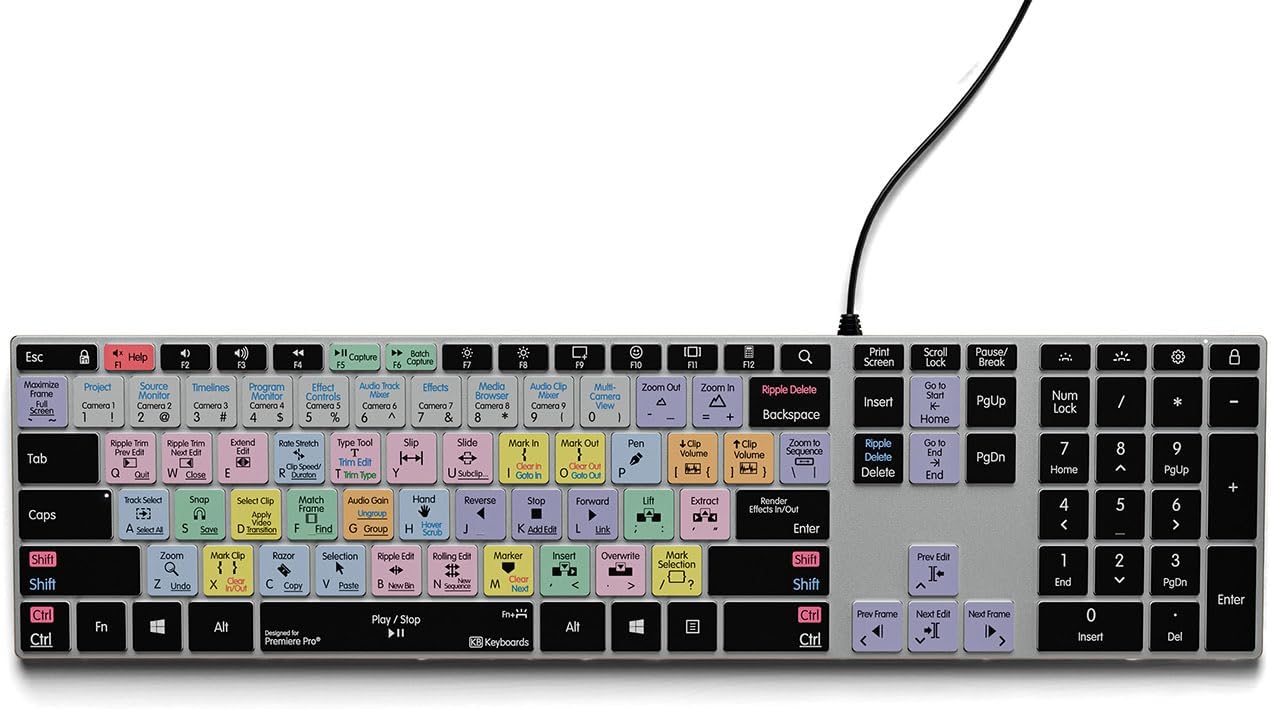 KB Covers Backlit Aluminum Keyboard, Shortcut Layout Compatible with Adobe Premiere Pro, Wired USB-C, for Windows PC & Laptop – 150+ Color-Coded Keys, US Layout
