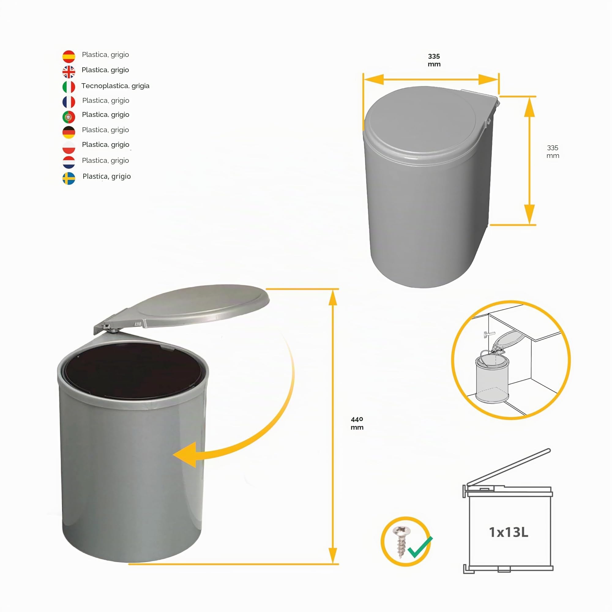Emuca - Pattumiera per Porta di Mobile, Contenitore di Riciclaggio, Contenitore di 13 L con Coperchio di Apertura Automatica e fissagio a l'anta, Plastica, Grigia.