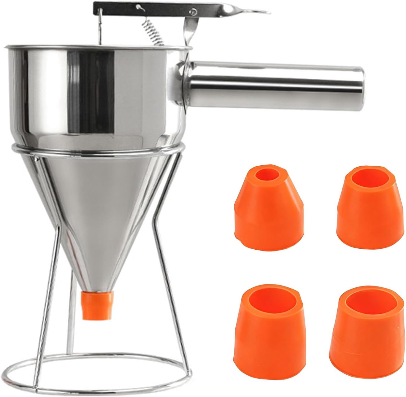Batter Dispenser Bottle 40 OZ, Stainless Steel Pancake & Funnel Cake Dispenser with Stand, Leak-Proof Nozzle & Squeeze Handle for Precise Baking, Waffle and Muffin Making