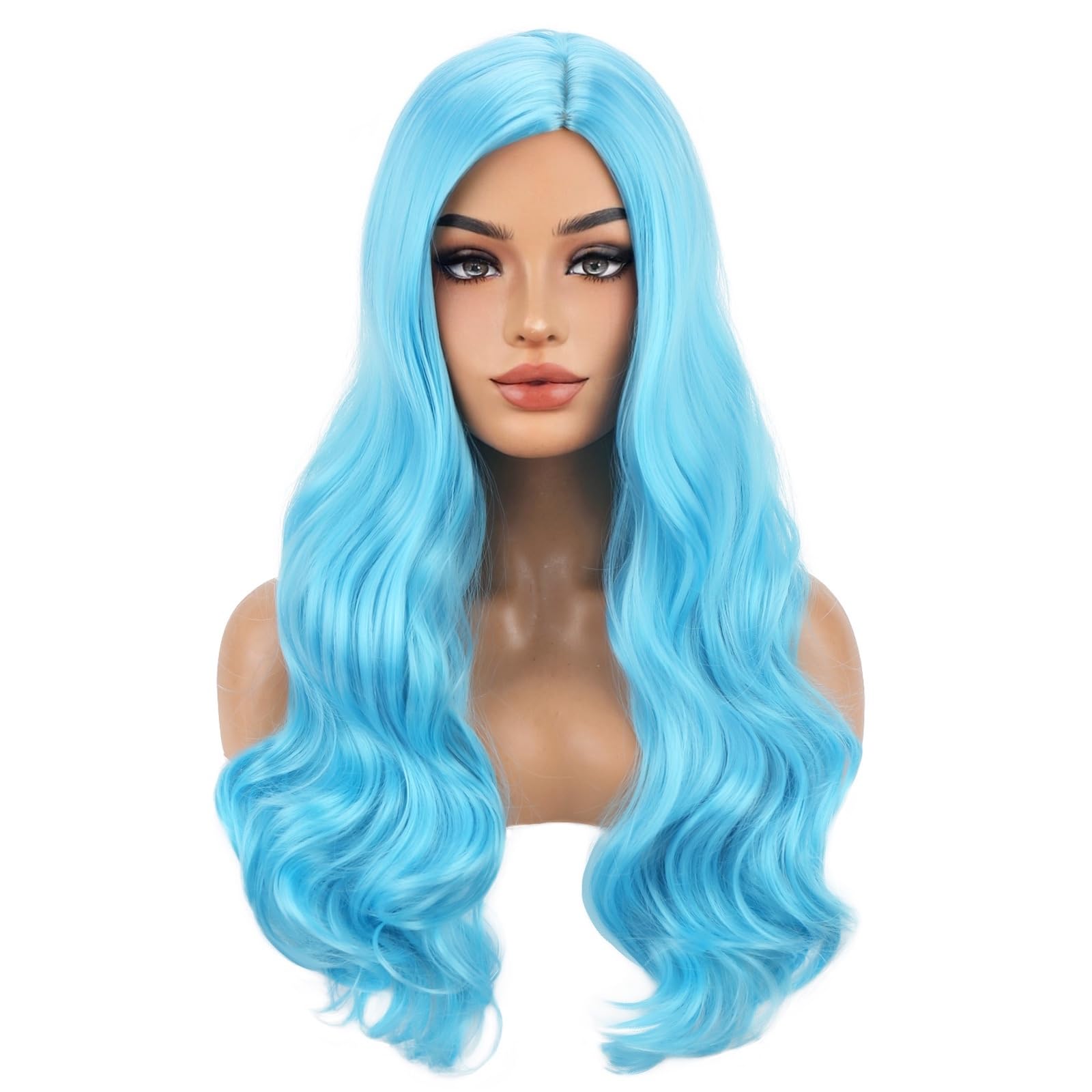 Photo 1 of BERON Blue Wig Long Wavy Wig Women Charming Full Wigs Long Curly Blue Wigs for Cosplay Party Hairnet Included