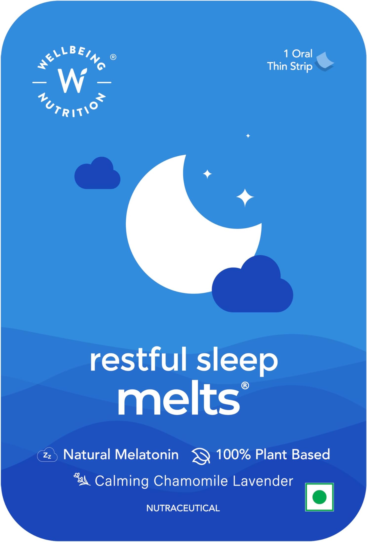 Wellbeing Nutrition Melts Restful Sleep Strips | Plant-Based Melatonin 10mg for Better Sleep & Stress Relief with Chamomile, Tagara, L-Theanine | 1 Oral Thin Strips