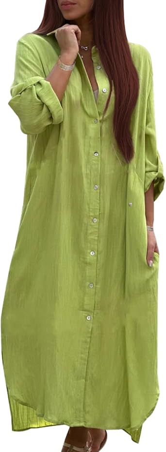 LIZALIG Womens Shirt Maxi Dress Summer V-Neck Loose Long Sleeve Solid Long Dresses for Beach Vacation and Daily Life