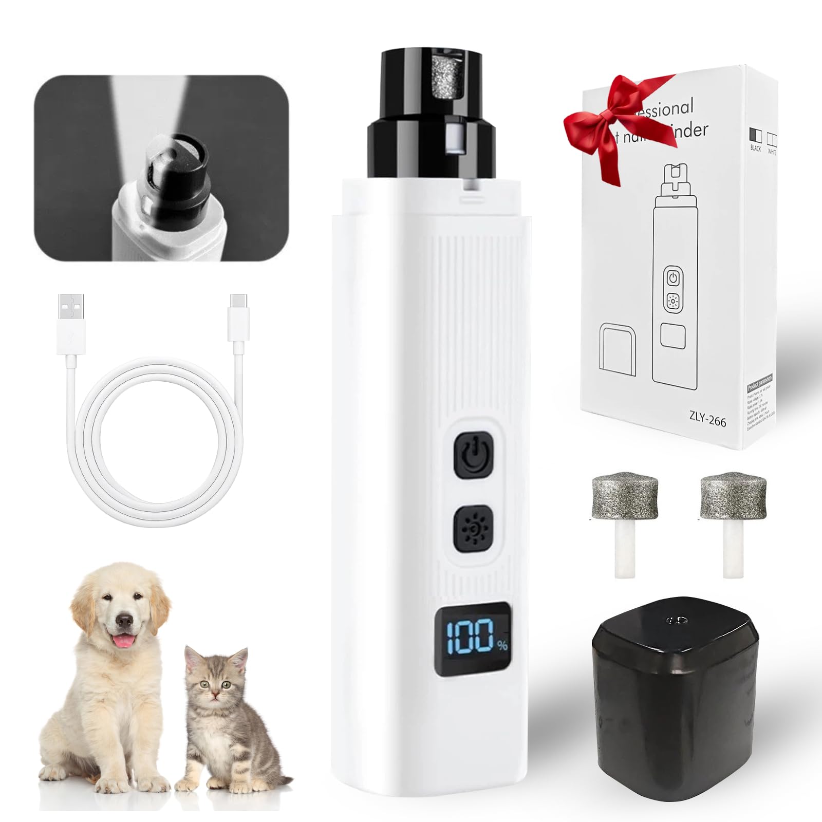 Dog Nail Grinder, Electric Pet Nail Grinder with 2 Speed Digital USB Rechargeable Dog Nail Trimmer Nail Claw Clippers with LED Lighting Quiet Paws Grooming for Large Medium Small Dogs Pet