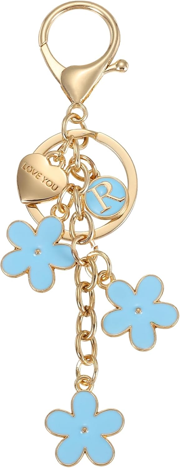 MECCANIXITY Initial Letter Keychain with Love You Heart, Cute Flower Keychain Charm