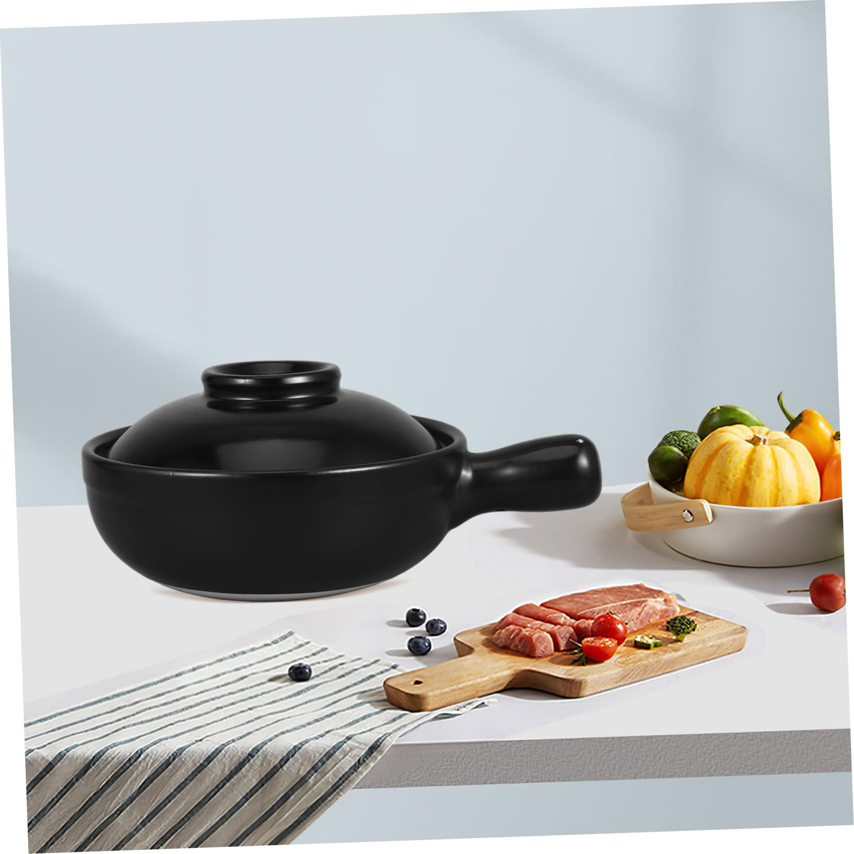 Cazuela de Barro Sola Asa 900ml con Tapa, Cerámica Negra | Recipiente Profundo para Gachas y Guisos, Uso Comercial y Microondas, Fácil de Limpiar