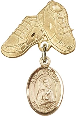 14kt Yellow Gold Baby Badge with St. Victoria Charm and Baby Boots Pin 1 X 5/8 inches