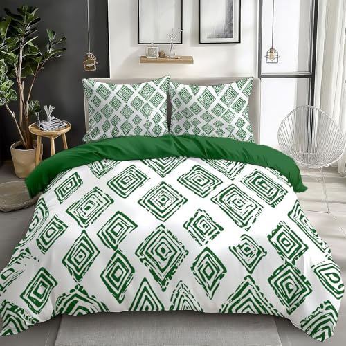 Reversible Bedding Set Duvet Cover Set Cot-bed for Kids Toddler- Green Geometry Printed Quilted Comforter Cover with 1 Pillowcases, Moss Green, Microfiber, Zipper Closure, 2 Pieces
