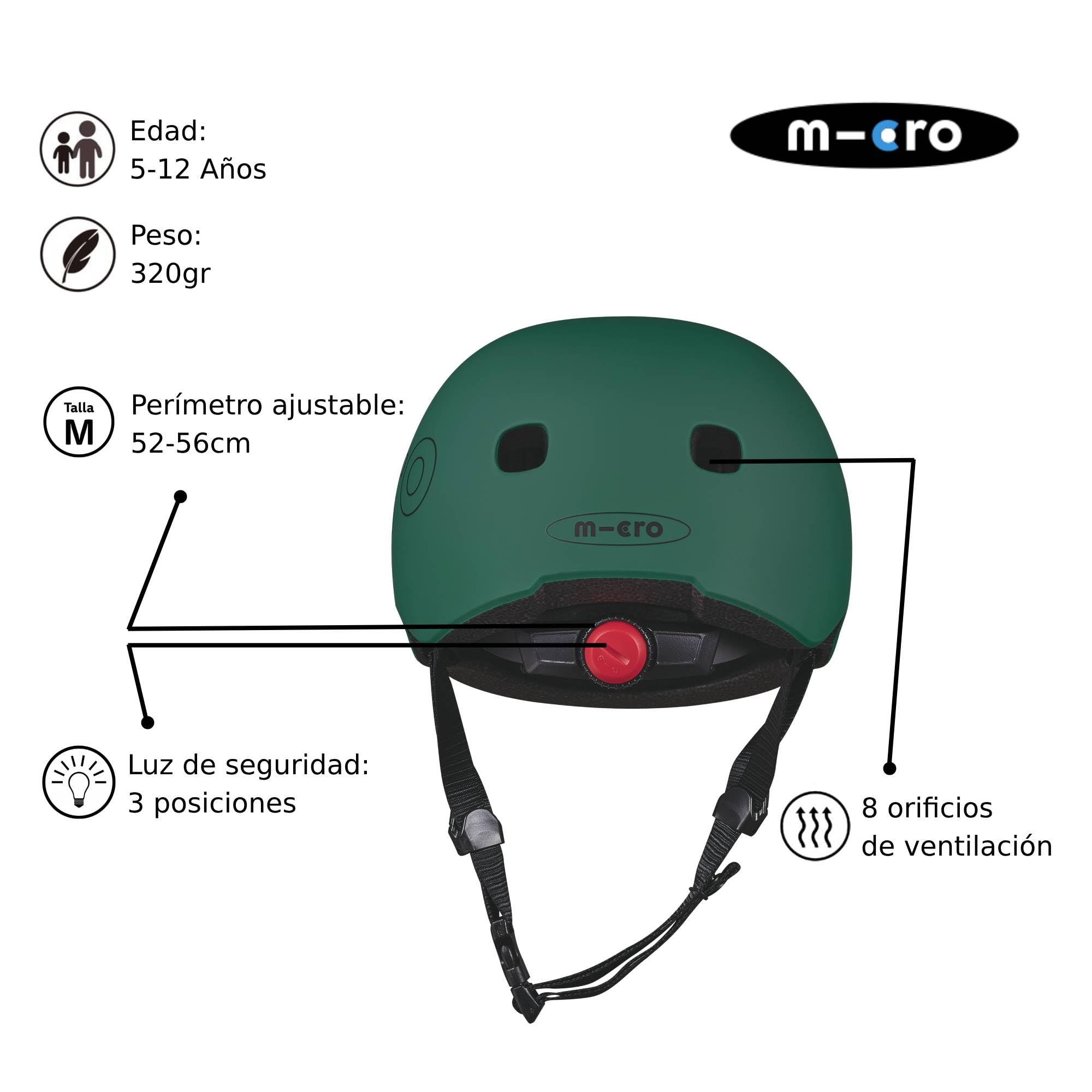 Micro Mobility Casco para niños en Color Verde Forest en Talla M para una Circunferencia de Cabeza de 52 – 56 cm, AC2127BX
