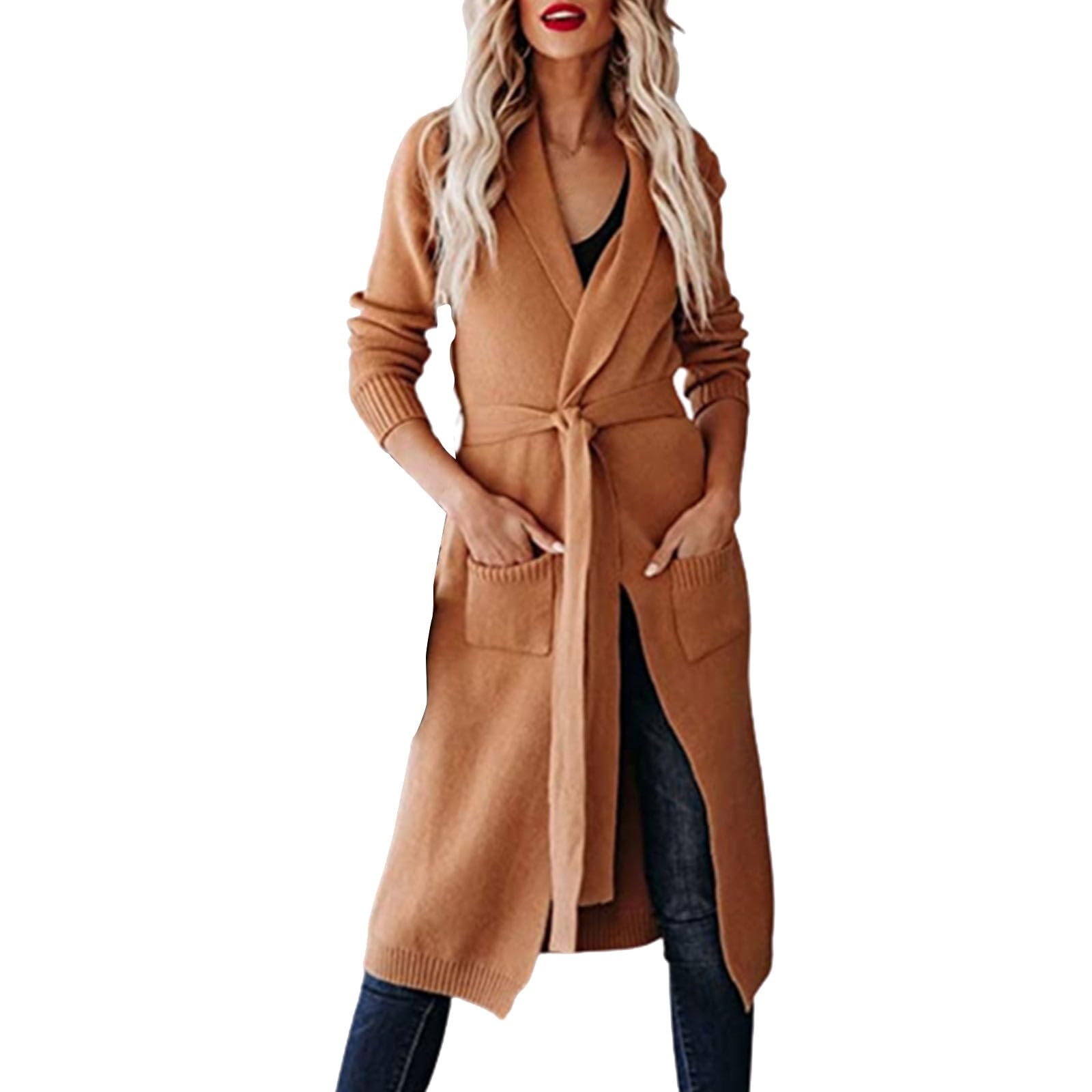 Cárdigan para mujer, cárdigan largo de punto con cinturón, cuello en V, manga larga, informal, cómodo, elegante, con frente abierto, cómodo, abrigo de punto
