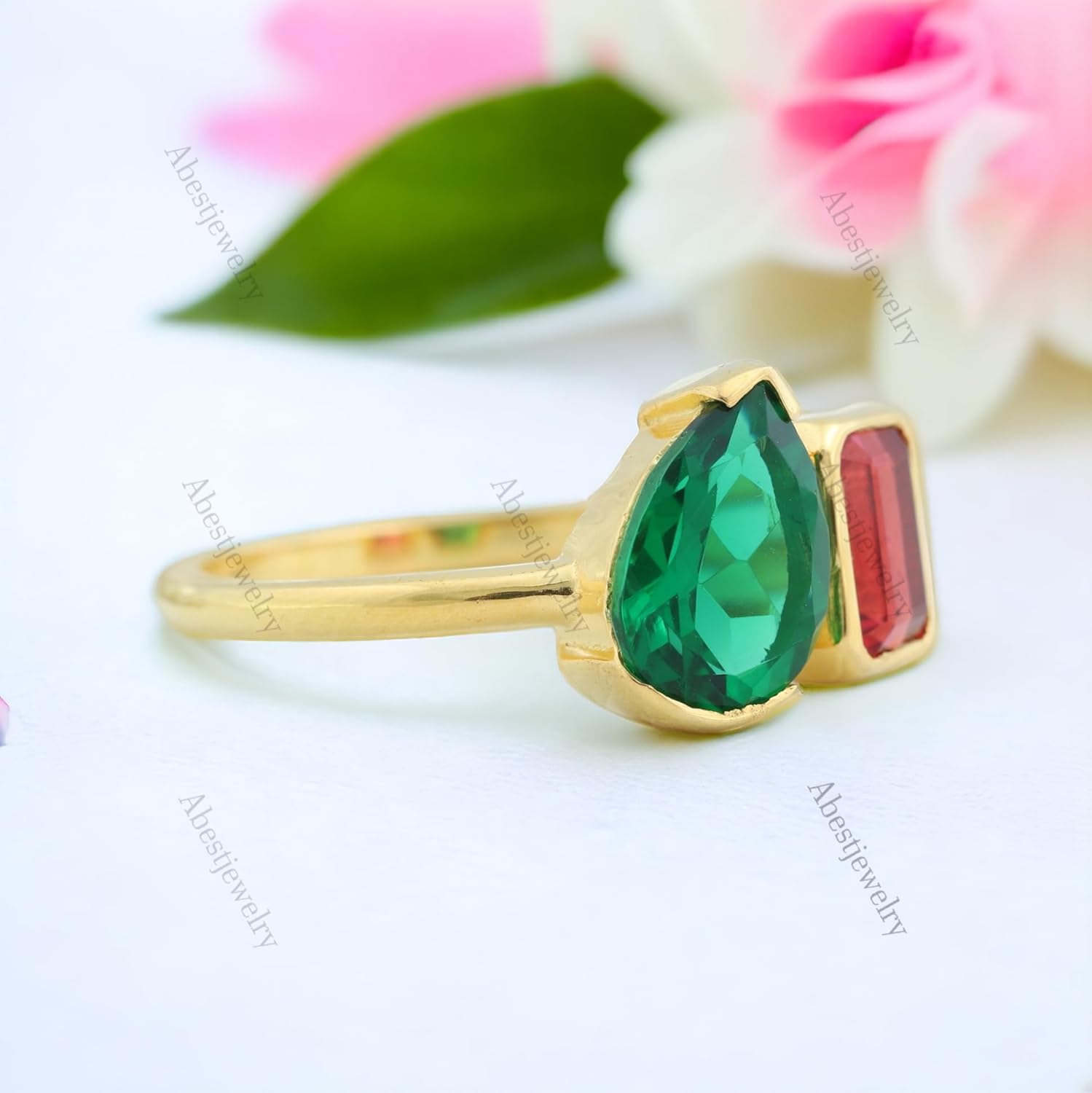 Emerald Ruby Ring Unique Birthstone Ring, two stone ring mother daughter ring family birthstone ring spouse dual birthstone ring toi et moi ring Engagement Promise Gift BY ABEST JEWELRY