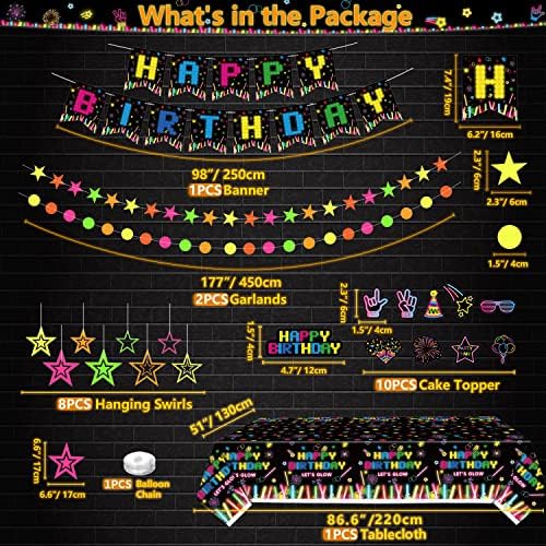 181 PCS Glow Neon Party Supplies Neon Glow Tableware Set Neon Balloon Glow in the Dark Birthday Banner Hanging Swirl Cake Toppers for Blacklight Party Decoration Serves 20