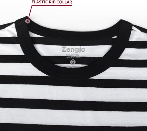 Zengjo Mens Striped T Shirt Long/Short Sleeve Cotton Stretch Crewneck