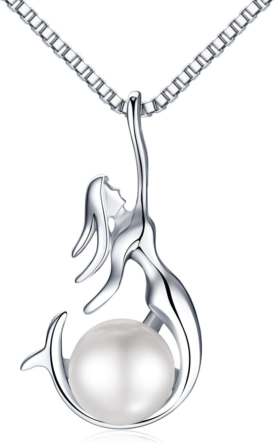 Necklace for Women 925 Sterling Silver Mermaid Pearl Pendant, Silver Chain Pearl Necklace for, Ideal Gifts with Gift Packed