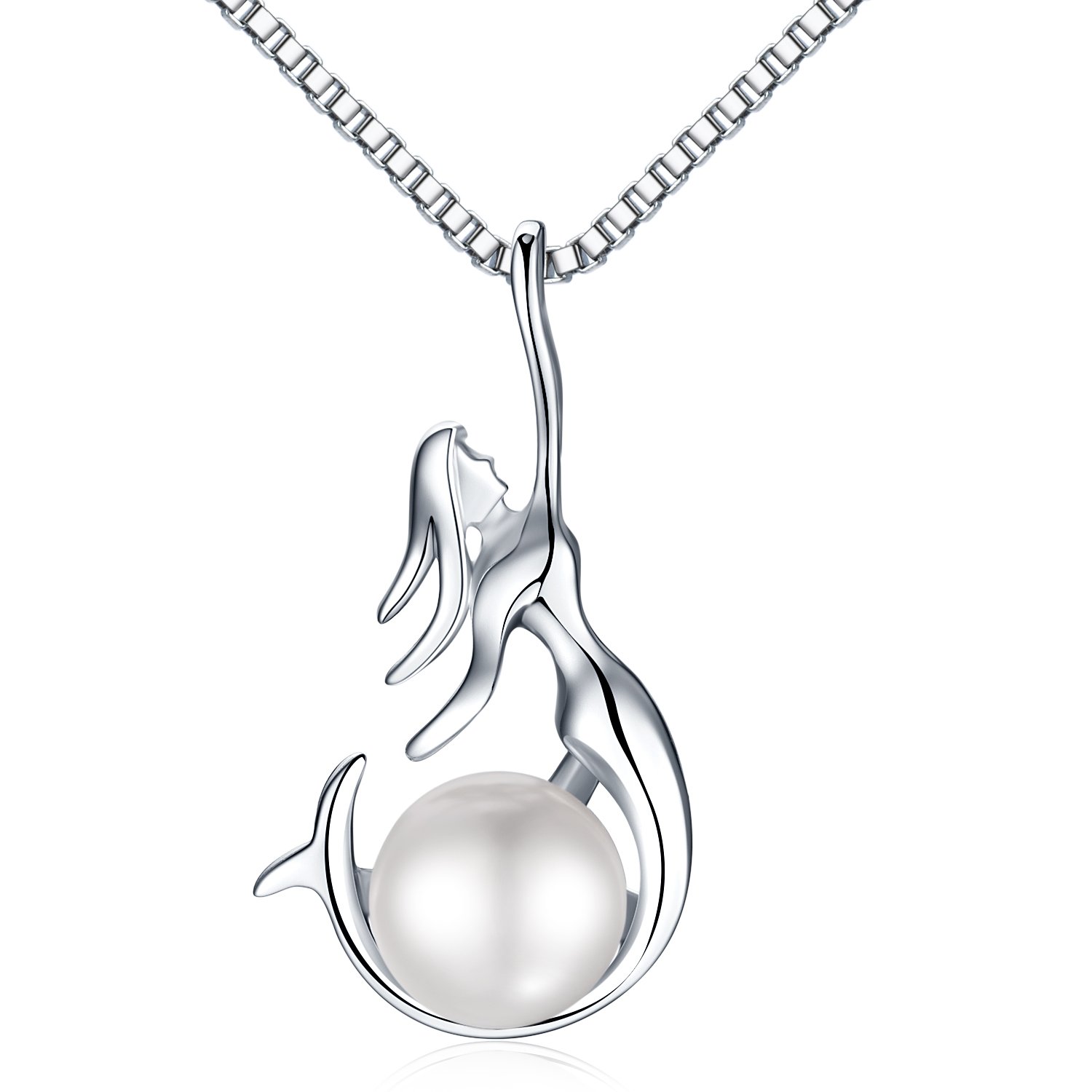 Necklace for Women 925 Sterling Silver Mermaid Pearl Pendant, Silver Chain Pearl Necklace for, Ideal Gifts with Gift Packed