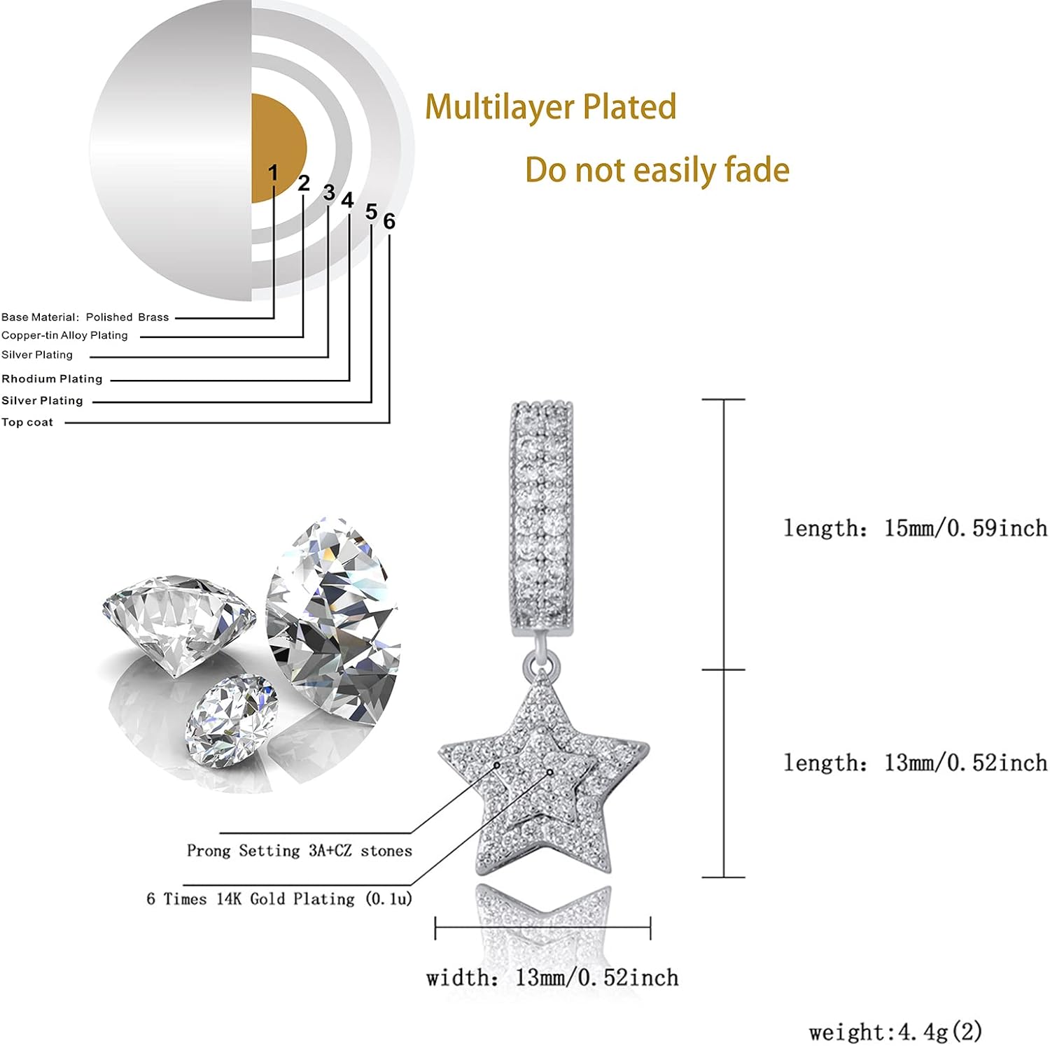 TOPGRILLZ Iced Out Dangle Hoop Earrings 14K Golden Plated 5A+ Cubic Zirconia Star Pin Lock Key Cartilage Hoop Dangle Drop Earrings For Men Women - Image 2