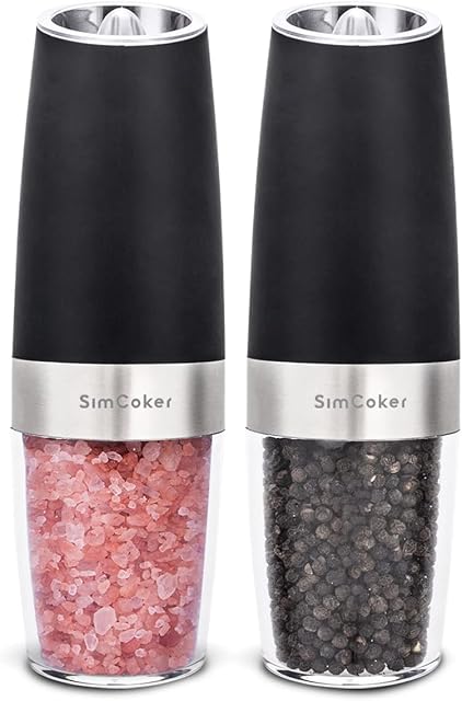 SimCoker Electric Salt and Pepper Grinder Set, Adjustable Coarseness, Battery Powered with LED Light, One Hand Automatic Operation, Stainless Steel Black, 2 Pack (Gravity, Black)
