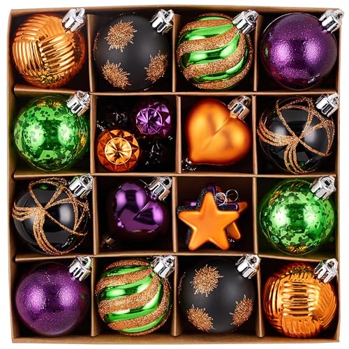 Valery Madelyn 28Pcs Halloween Heart Shaped Ornaments Gift Pack, Halloween Craft Painted Tree Heart Decorations, Orange Purple Green Christmas Baubles Hanging Indoor Holiday Party Decor