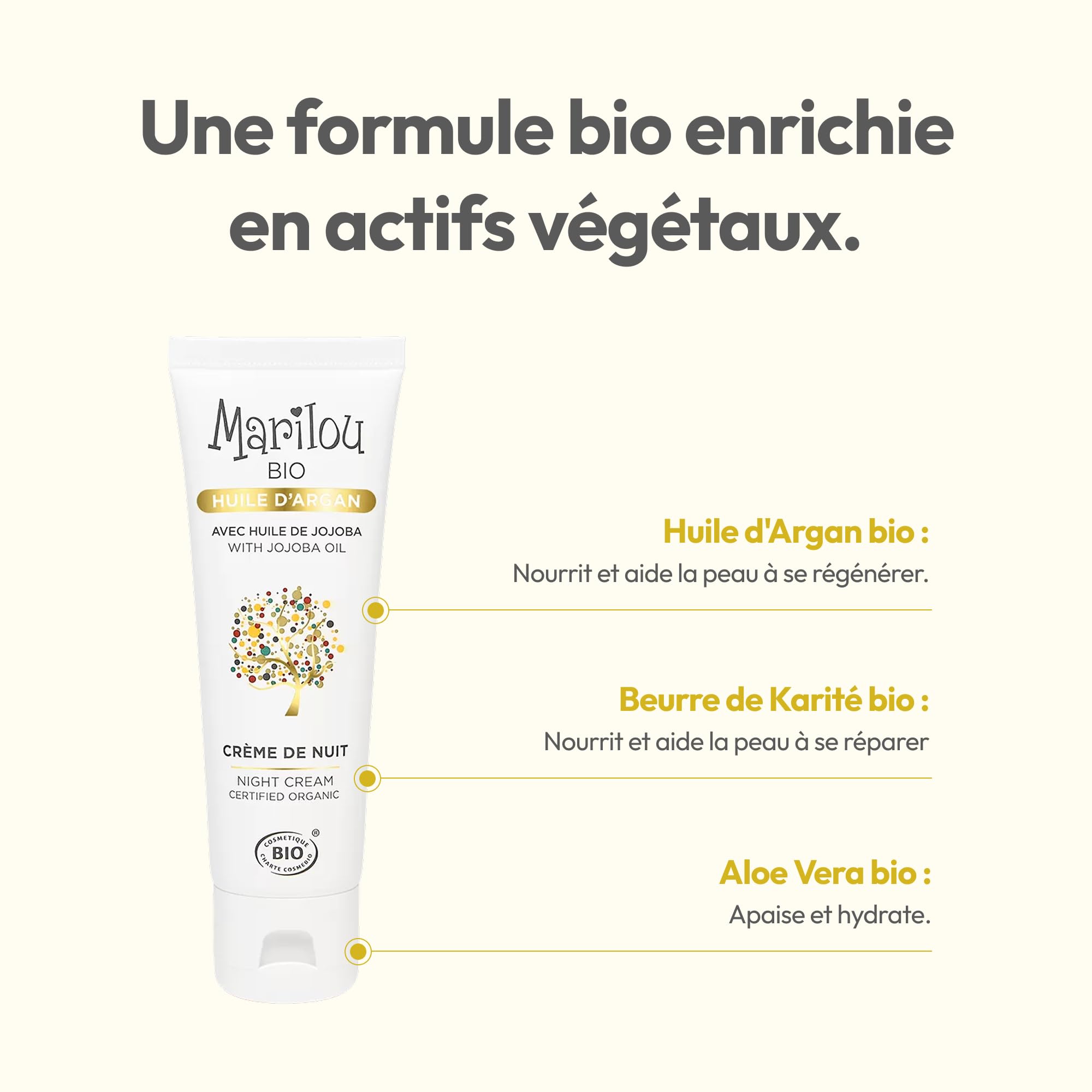 MARILOU BIO - Crème de Nuit visage à l'Huile d'Argan bio - Nourrissante et hydratante - 98% d'ingrédients d'origine naturelle - Peaux normales à sèches - 50ml