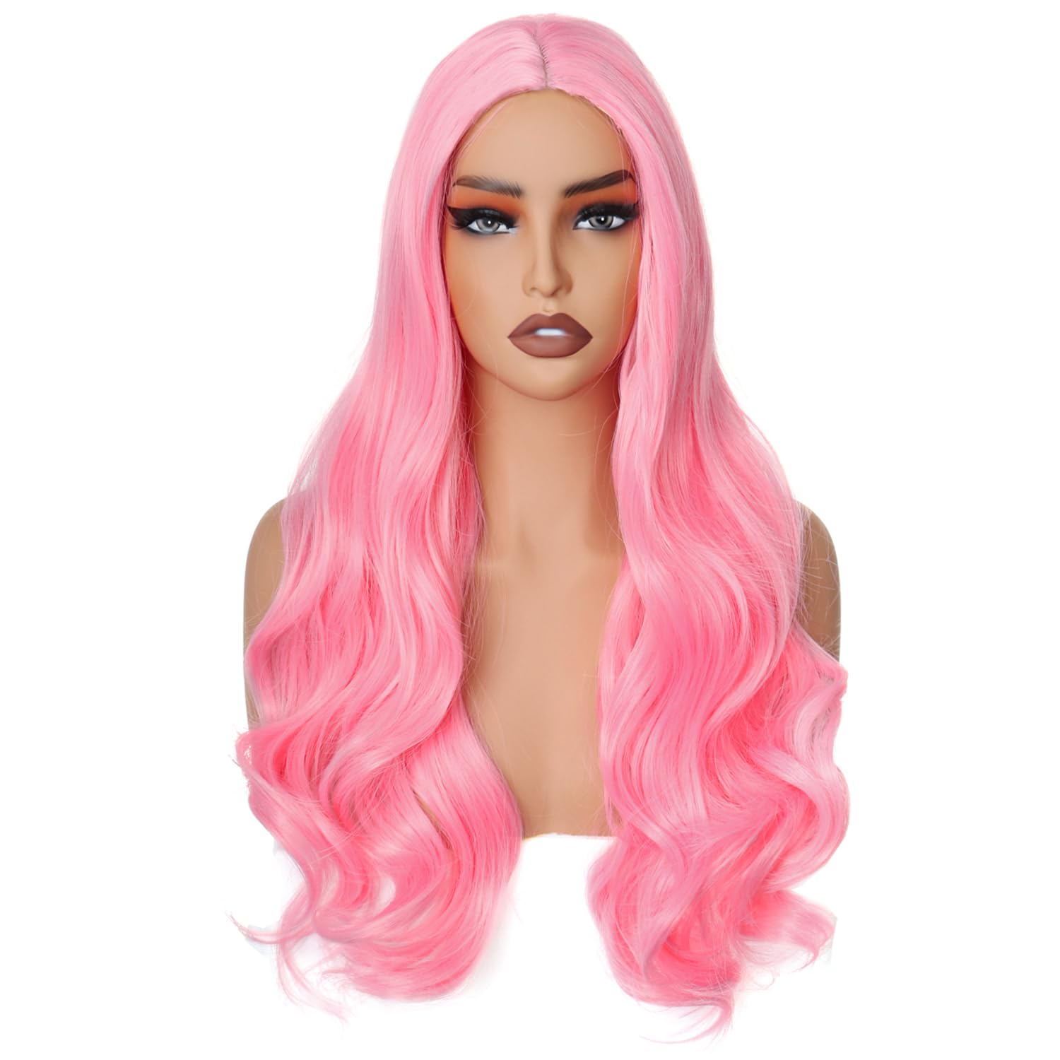 PORSMEER Wig Long PInk Curly Wavy Wigs for Women Ladies with Middle Part Cosplay Fancy Dress Wig Synthetic Heat Resistant Hair Wigs Long Replacement Hair (rosa) - Image 2