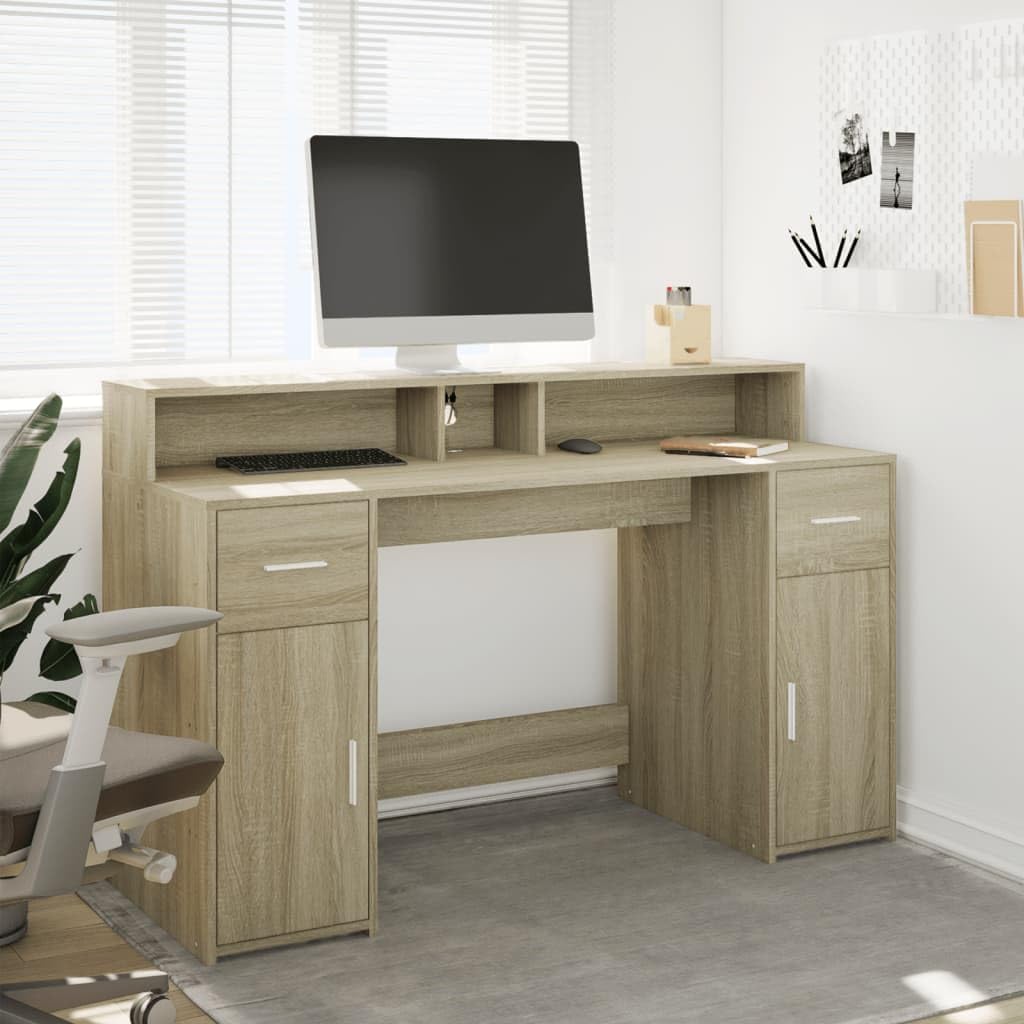 Scrivania a LED in rovere Sonoma, 140 x 55 x 91 cm, in legno con illuminazione RGB, porta USB, vano portaoggetti, cassetti, scrivania da ufficio