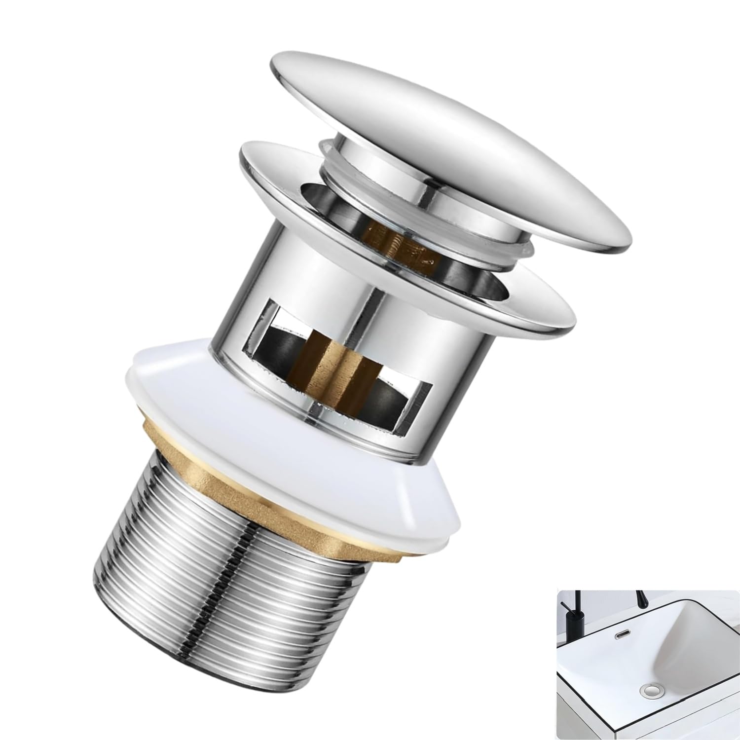 Slotted Click Clack Sink Plug,Chrome Pop Up Basin Waste with Overflow,G1 1/4 Universal Bathroom Sink Drain,304 Stainless Steel,Push Button Sprung Plug
