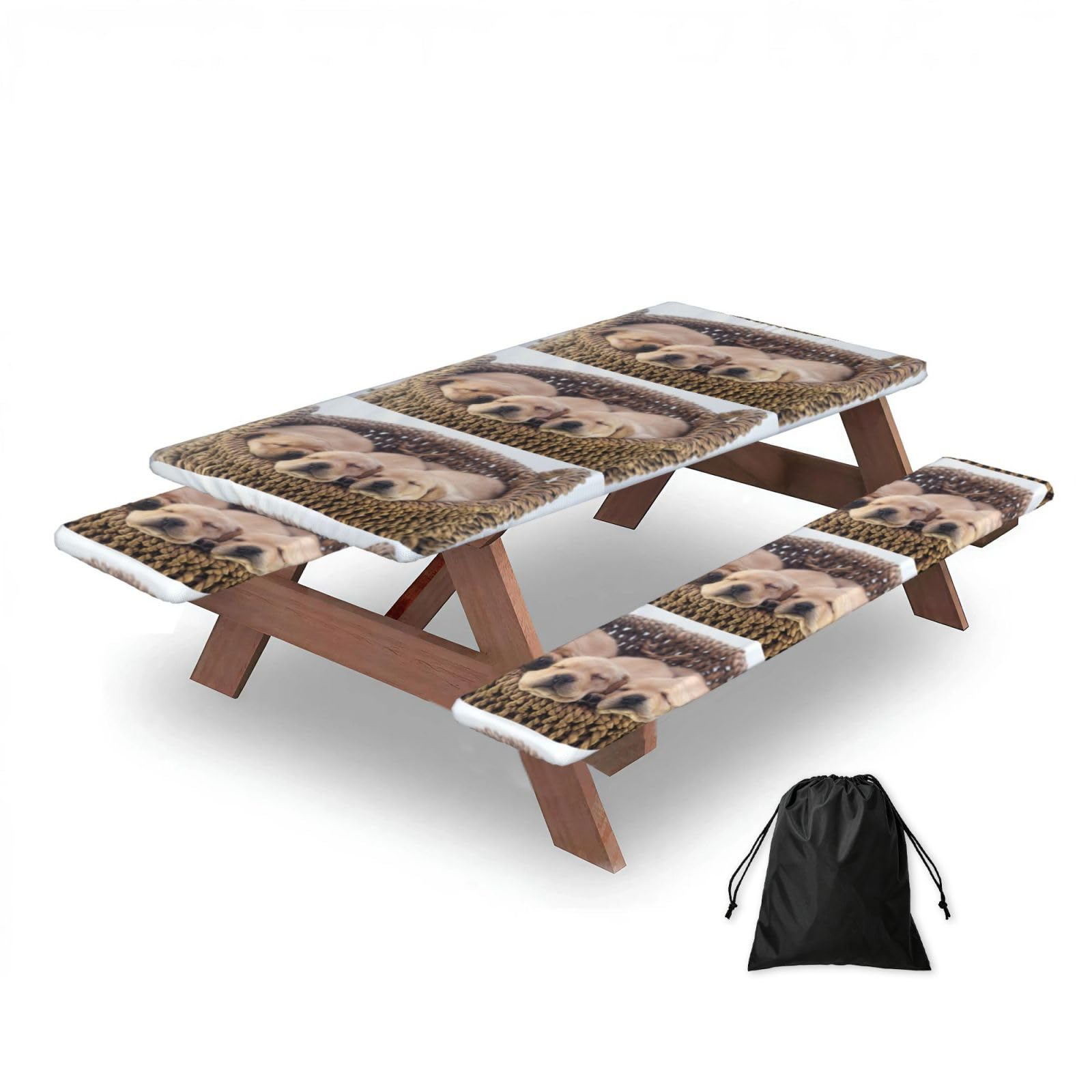 Labradors Little Puppies Golden Retriever, Picnic Table Cover With Bench Covers -Waterproof Elastic Fitted Tablecloth for Garden Camping Patio 76x152cm