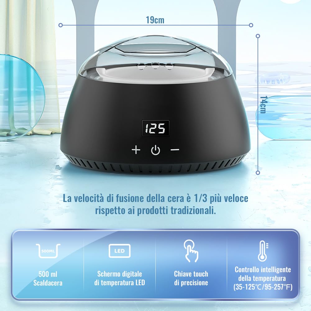 Cera Brasiliana Kit, Scaldacera Professionale per Depilazione, Siliconico Depilazione Barattolo con LCD Temperatura Regolabile (Nero, 21 * 21 * 15cm)