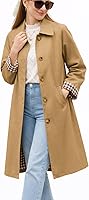 ELLEVEN Women's Long Single Breasted Trench Coat - Oversized Lapel Windproof Pea Coat with Plaid Lining