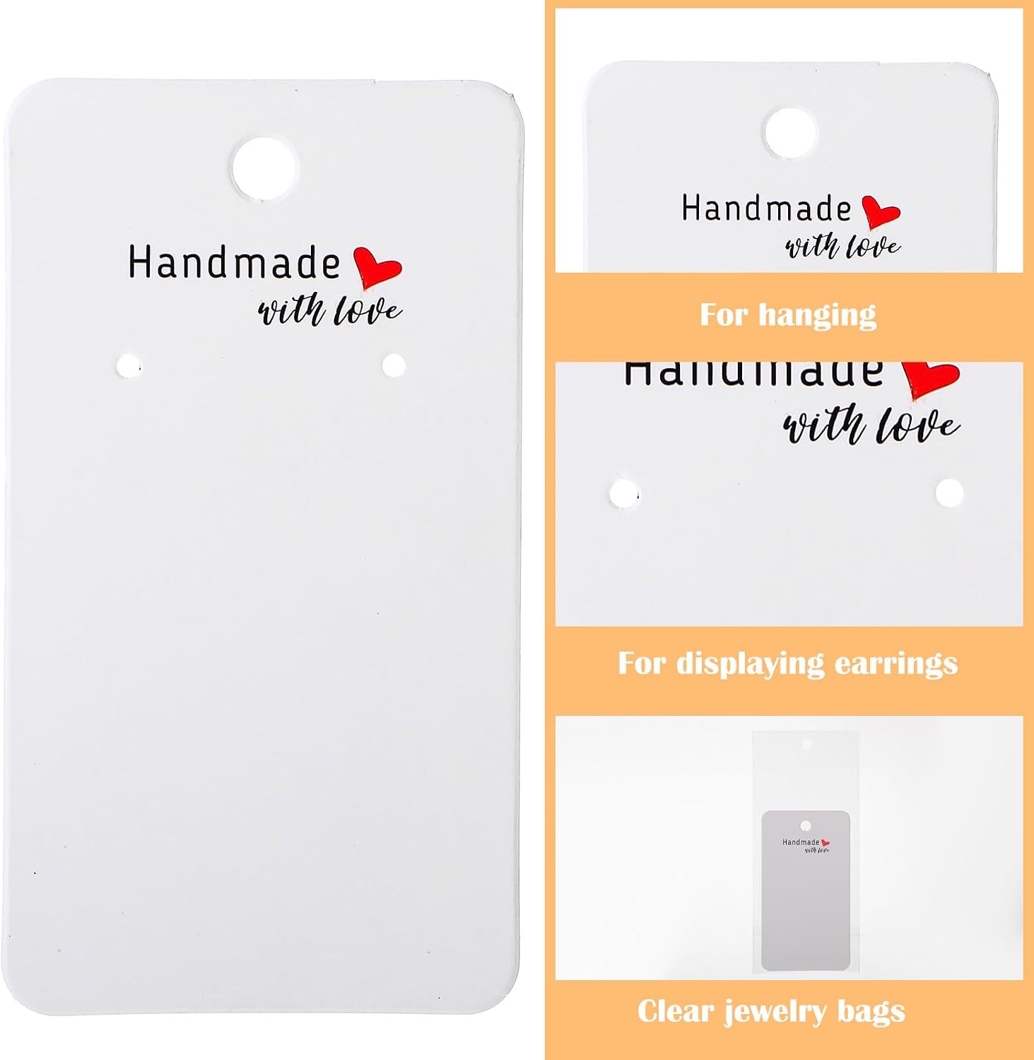 500 Pcs White Earring Display Cards with 500 Pcs Bags, 2x3.5 inch Jewelry Display Holder Cards, Handmade with Love Hanging Tags for Selling, DIY Crafts, Retail