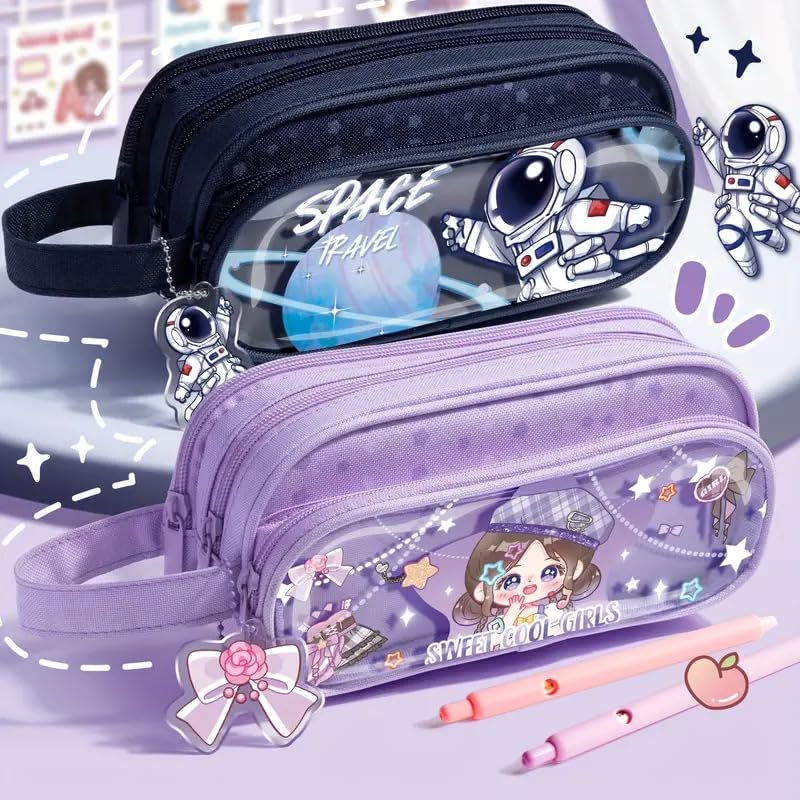 Image of Invite Canvas Large Capacity Transparent Cartoon Print Pencil Case 3 Compartment Cute Aesthetic Pencil Case for Girls Multifunctional Stationery Organizer for School Office (Sweet Cool Girl)