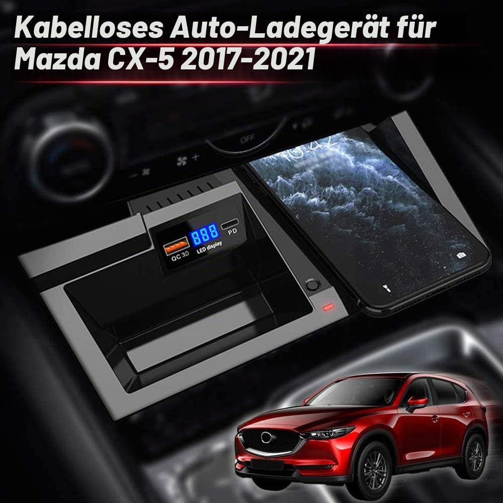 Upgrade Kabelloses Ladegerät Auto für Mazda CX5 2017 2018 2019 2020 2021, 15W Qi Wireless Schnell-ladegerät mit QC3.0 USB und 18W PD für iPhone 12/11/XS/X/8 Samsung S20/S10/S9 Qi-Telefo