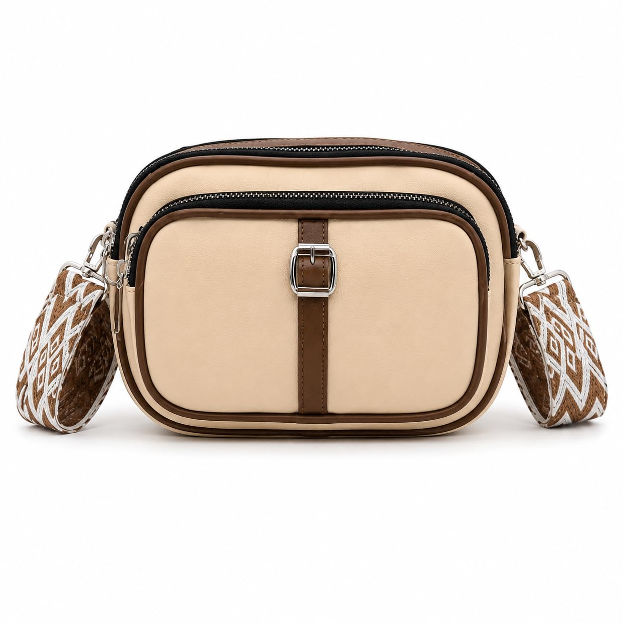 Crossbody Sling Bag for Women with Detachable Coin Pouch | PU Leather Shoulder Handbag with Adjustable Geometric Wide Strap, Dual Compartment Camera Style Bag (Beige/Brown)-picture-49