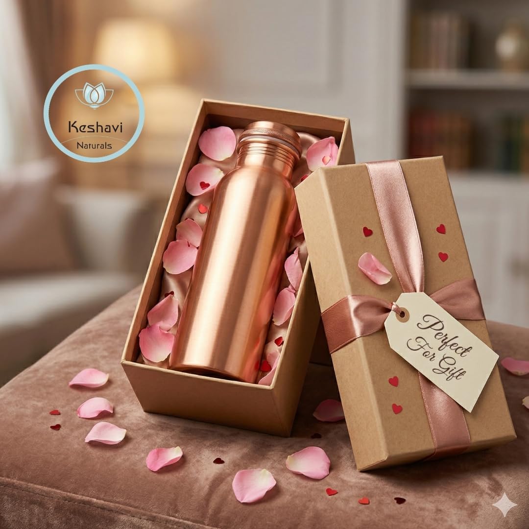 Keshavi 100% Pure Copper Water Bottle 34 Oz, Plain Ayurvedic Style Design, Leak Proof Lid, BPA Free Reusable Metal Bottle, Durable Copper Bottle for Home Office Gym Travel Gift for Men Women