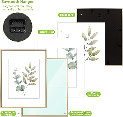 Vista 288 de Golden State Art - Marco de fotos de aluminio satinado clásico de 8 x 10 con alfombrilla de color marfil para fotos de 5 x 7 y cristal real, Dorado