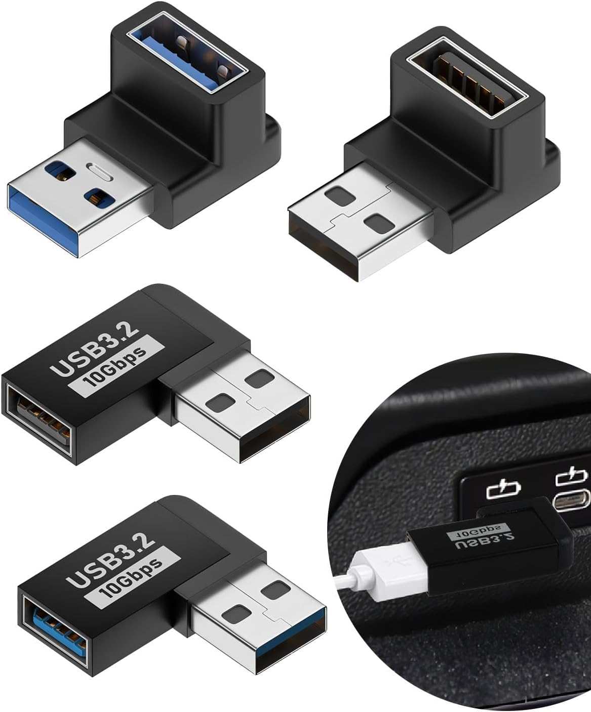 90 Degree USB 3.2 Adapter 4-Pack, Right Angle USB Type-A Adapter, Vertical Up and Down Horizontal Angle USB-A Male to Female Extender OTG Connector 10Gbps for PC, Laptop, Mouse, Keyboard