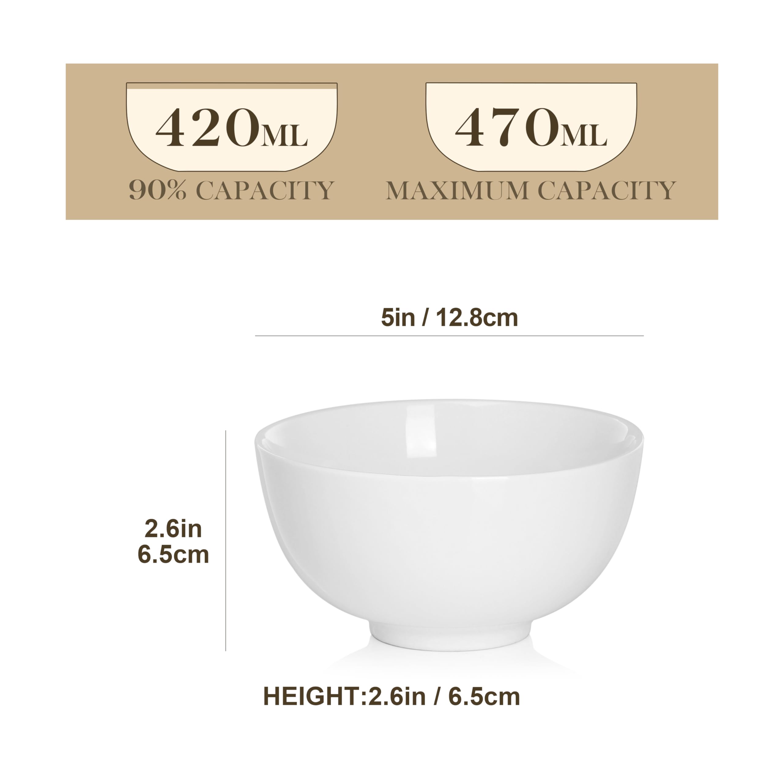 MALACASA Série REGULAR, 8 Bols à Céréales en Porcelaine Blanche de 420ml, Bols de Petit Déjeuner Ronds (12,8 cm), Idéaux pour Soupe, Salades et Riz