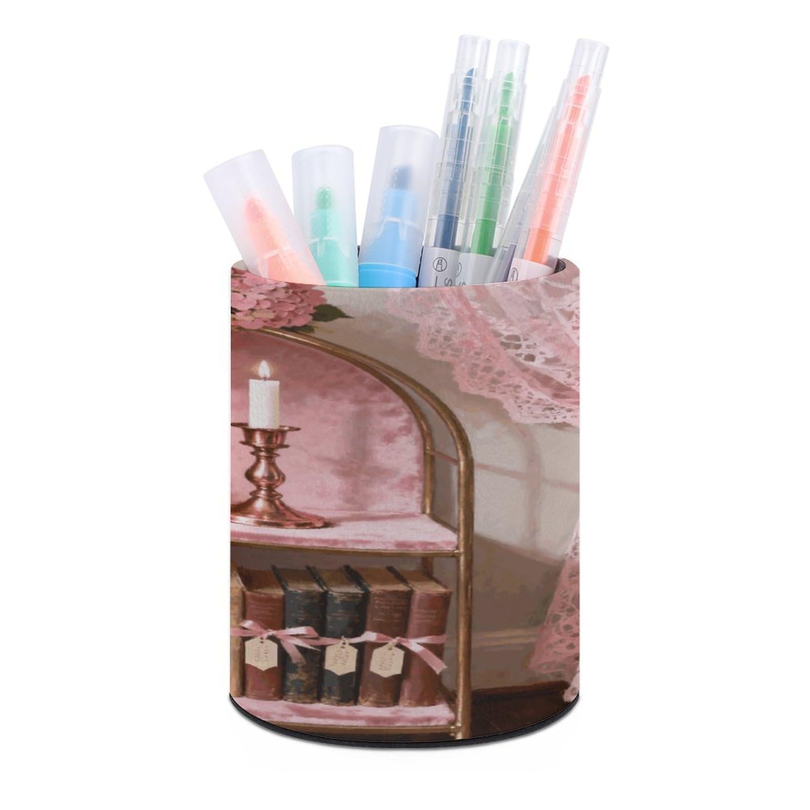 VstaDank Floral Bookshelf Retro Pink Pen Holder Round Pencil Holder Cup Pen Container PU Leather Desk Organizer Stand Decor Brush Scissor Holders Decoration Office Desk Home (3.1 X 3.9 Inches)