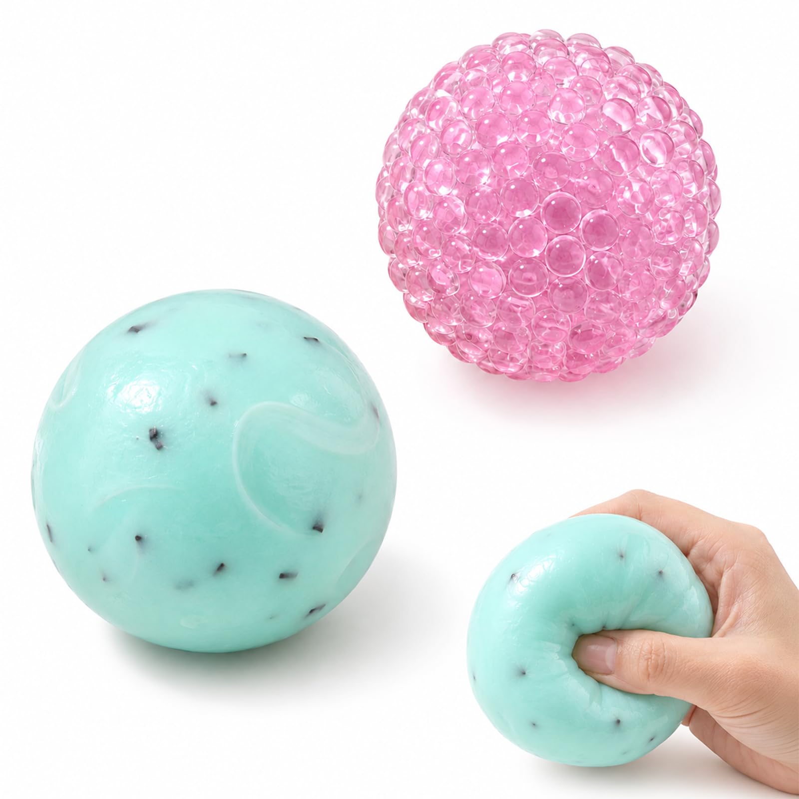 BLBATBK 2PCS Crunchy Squishy, for Office Home and Travel, Including Mint Chocolate Handmade Ball And Pink Bead Noisy Ball, Slow Rising Squishies With Sand Texture