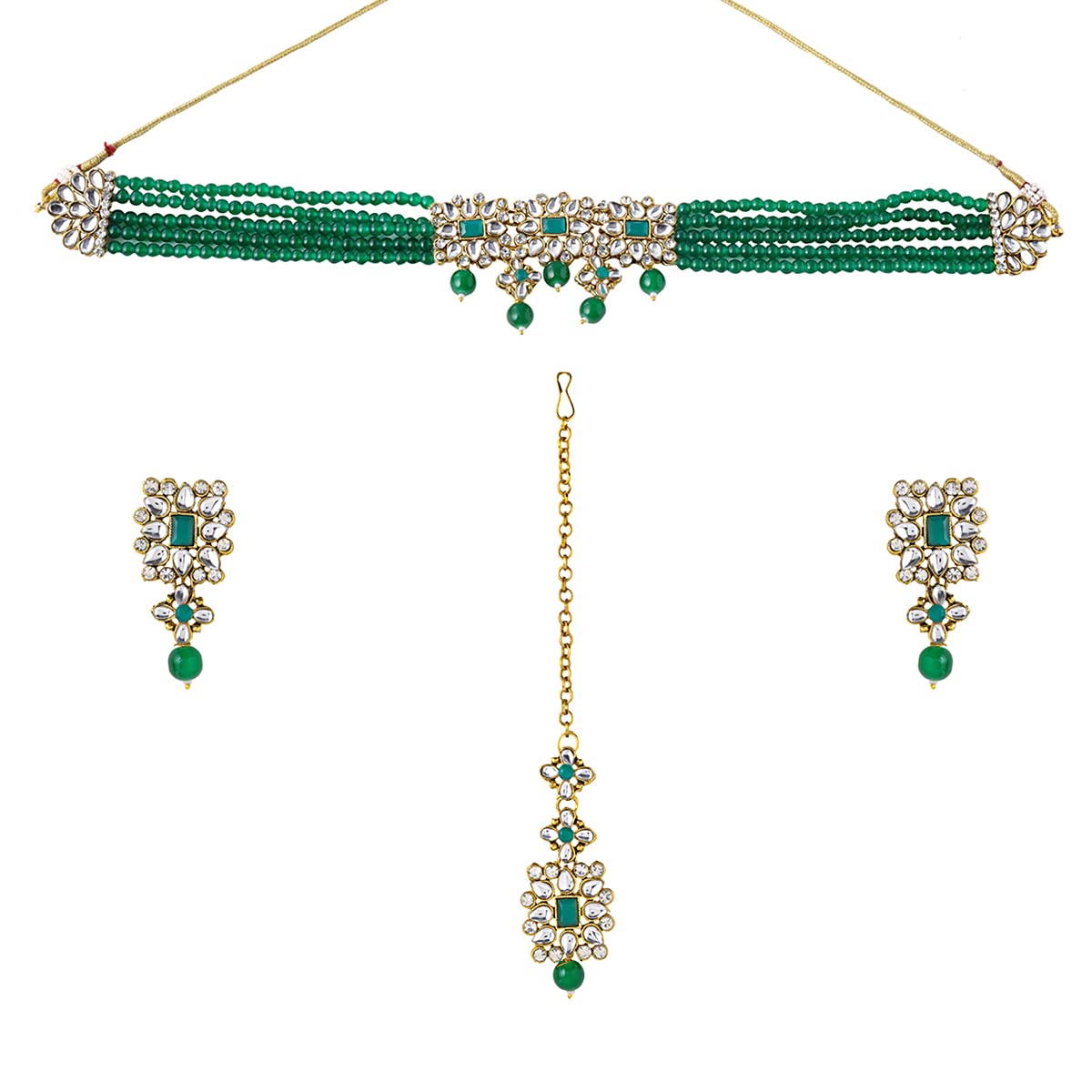 Yellow Chimes Jewellery Set Green Beads Multi Charm Kundan Studded Beads Drop Neckalce Set with Earrings & Maangtikka for Women and Girls (B0BDS8PTY4) Amazon Price History, Amazon Price Tracker