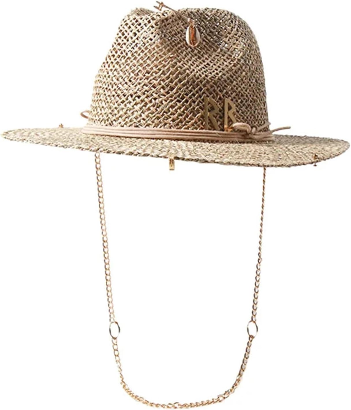 Retro European Style Straw Sun Hat Women Pin Embellished Letter Adjustable Metal Chain Lightweight Beach UV Protection