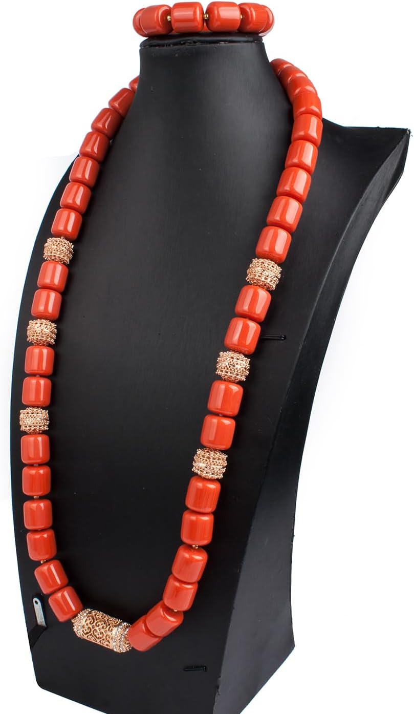1Row Nigerian Jewelry Sets for Men,Orange Resin Beads,Chunky Multilayer Statement Choker Necklace,African Wedding Beads without Earrings - Image 3