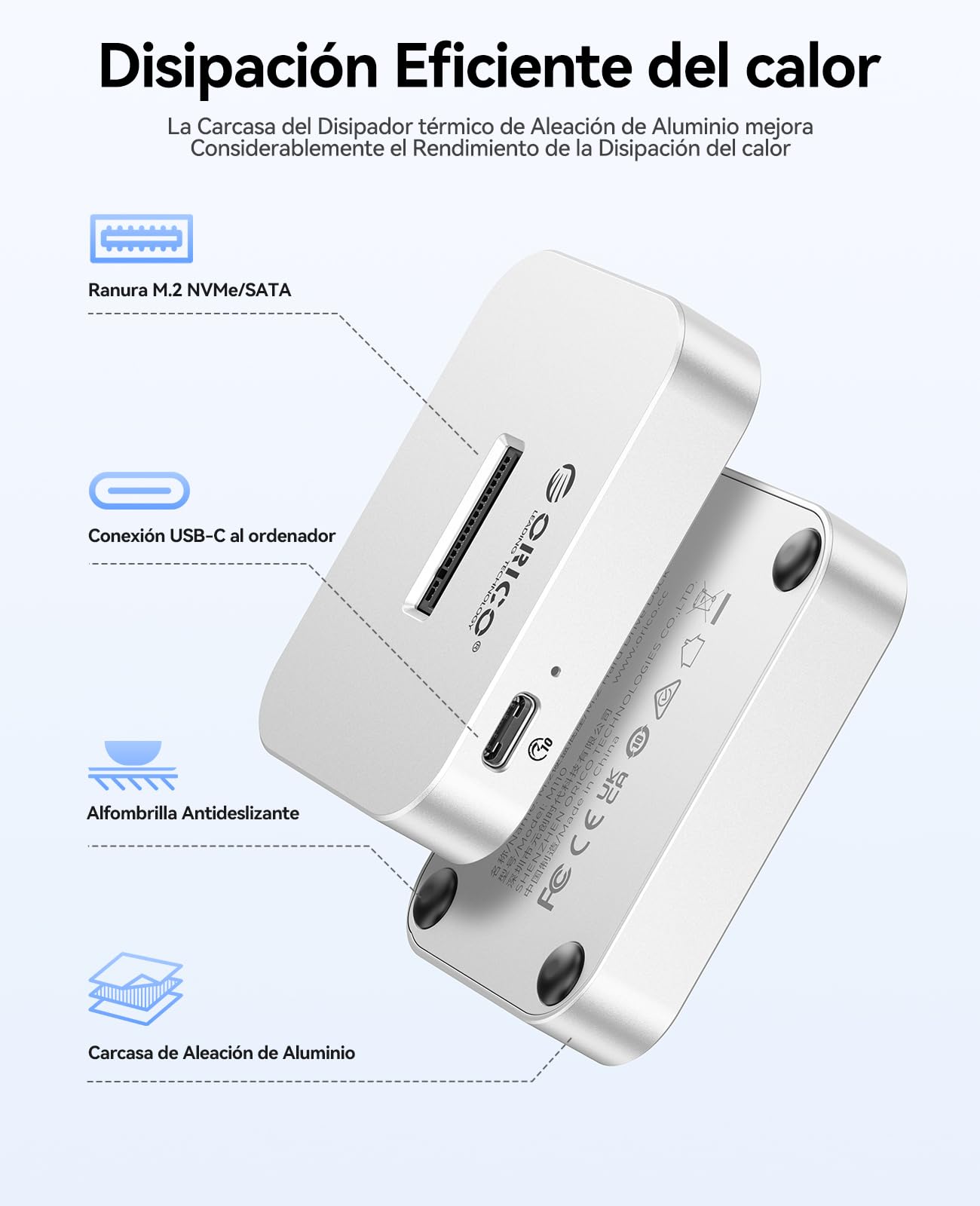 ORICO Carcasa Para SSD M.2 NVMe/SATA, Estación de Acoplamiento USB 3.2 Gen 2 para M.2, Adaptador Para SSD M.2 NVMe, Compatible con M.2 de 2230/2242/2260/2280/22110, Compatible con Windows/Mac OS/Linux