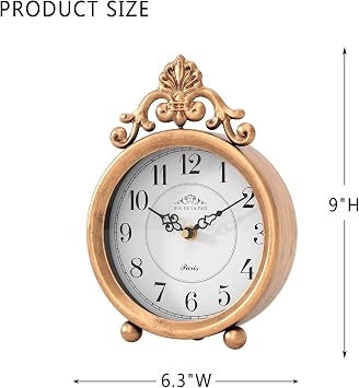 Vintage Gold Table Clock, Desk and Shelf Mantel Clock | French Rustic Antique Style Decor Clocks, for Farmhouse, Bedroom, Living Room, Bedside, Gift ( 9 H x 6.3 W )